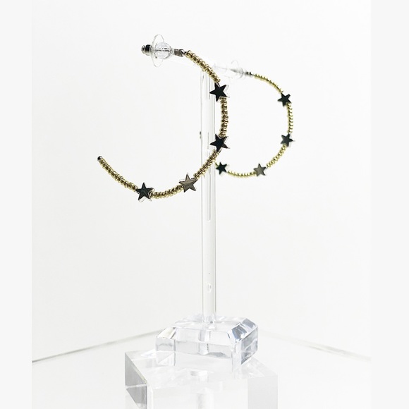 Gold Bead Silver Star Hoop Earrings - Picture 2 of 2